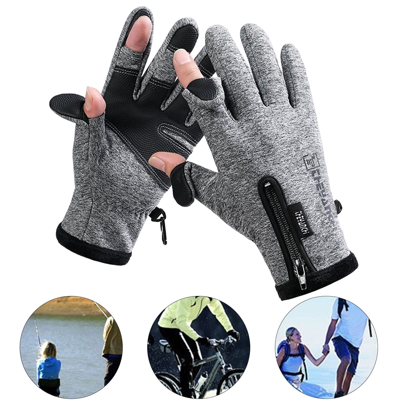USB Heating Gloves 1 PairTouch Screen Zipper Cuffs Letter Print Fingertip  Opening Winter Adjustable Temperature Fishing Gloves,Grey 