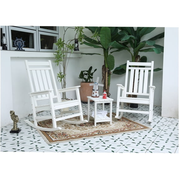 JERFIT White Outdoor Rocking Chair Set with Side Table, 3-Piece All-Weather Patio Furniture Set, Ergonomic Rockers for Porch, Garden, Deck