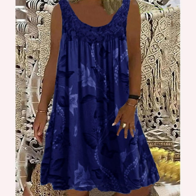 DPTALR Robe Ample Sans Manches à Imprimé en Dentelle Patchwork à Col Rond pour Femme Printemps/été