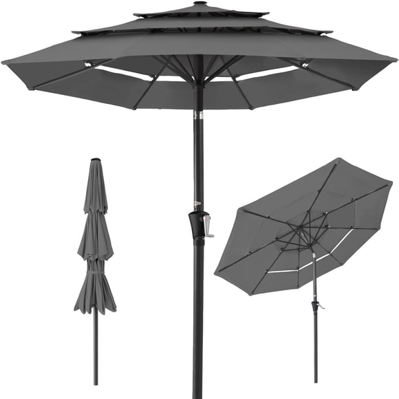 Best Choice Products 10ft 3-Tier Patio Umbrella, Market Sun Shade w/ Tilt Adjustment, Easy Crank - Gray