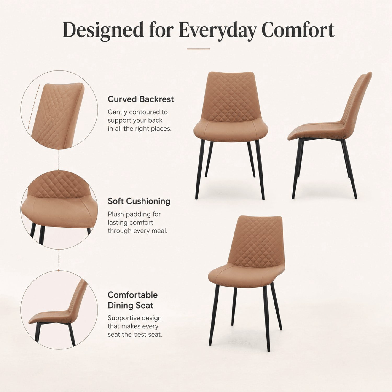 Modern PU Leather Dining Chairs, Set of 2, Foam-Padded Faux Leather Seat with Metal Frame, Diamond-Quilted Upholstery for Dining Room, Kitchen, Living Room