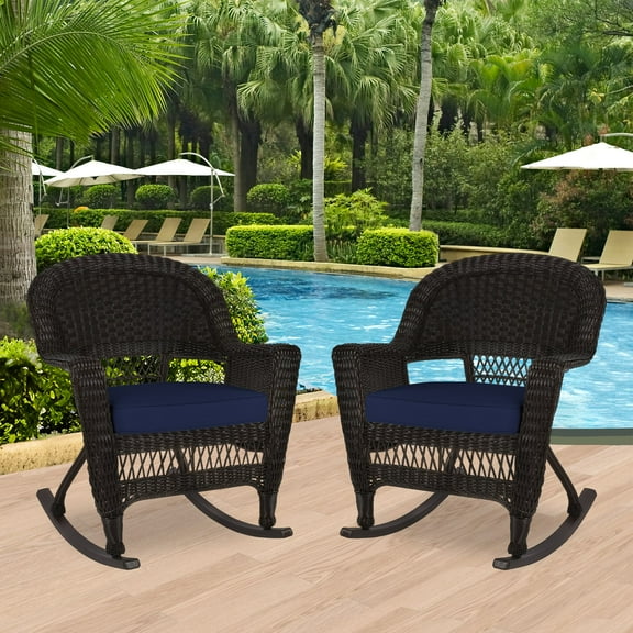 Pemberly Row Rocker Wicker Chair in Espresso with Blue Cushion (Set of 2) Brown