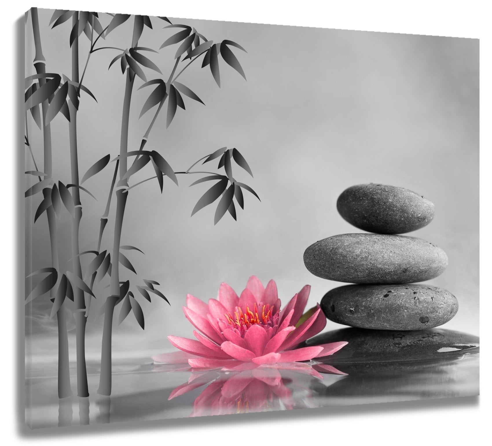 HVEST Zen Pink Floral Canvas Wall Art Water Lily and Zen Stone Bamboo Gray Wall Art Modern Yoga Spa Wall Decor Framed for Bathroom Bedroom Office Painting,16 X 12 inches