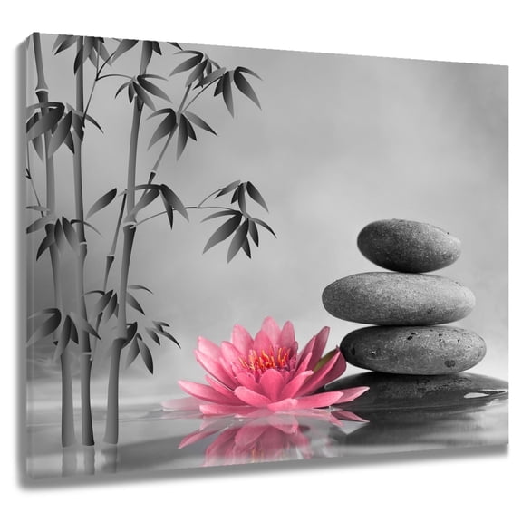 HVEST Zen Pink Floral Canvas Wall Art Water Lily and Zen Stone Bamboo Gray Wall Art Modern Yoga Spa Wall Decor Framed for Bathroom Bedroom Office Painting,16 X 12 inches