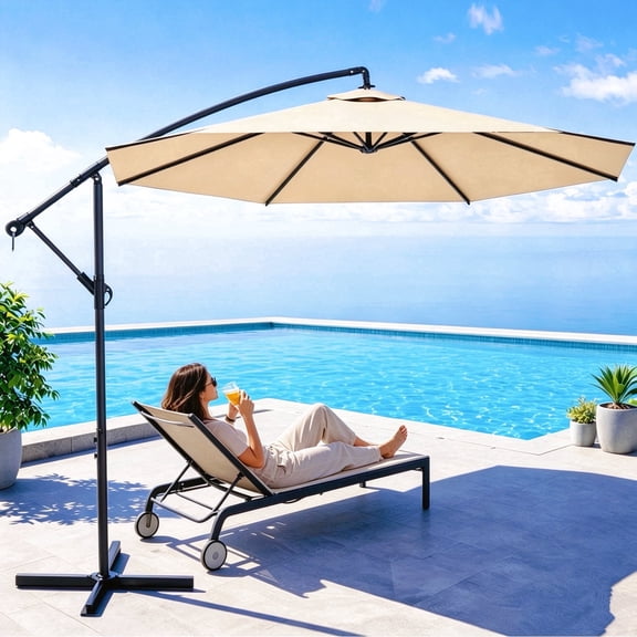GVDV 10ft Cantilever Patio Umbrellas,360° Rotation Outdoor Offset Umbrella with Tilt & Crank,UPF 50  for Garden,Deck,Pool,Backyard,Beige