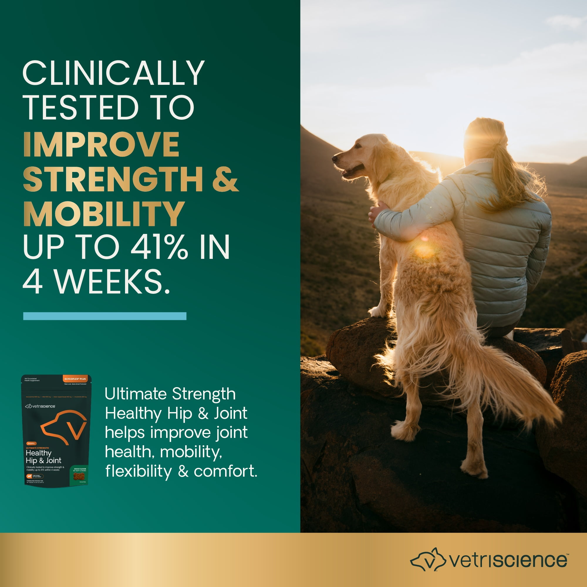 VetriScience Ultimate Strength Healthy Hip & Joint Glucosamine Supplement Chew for Dogs, Duck, 30 Count Bag