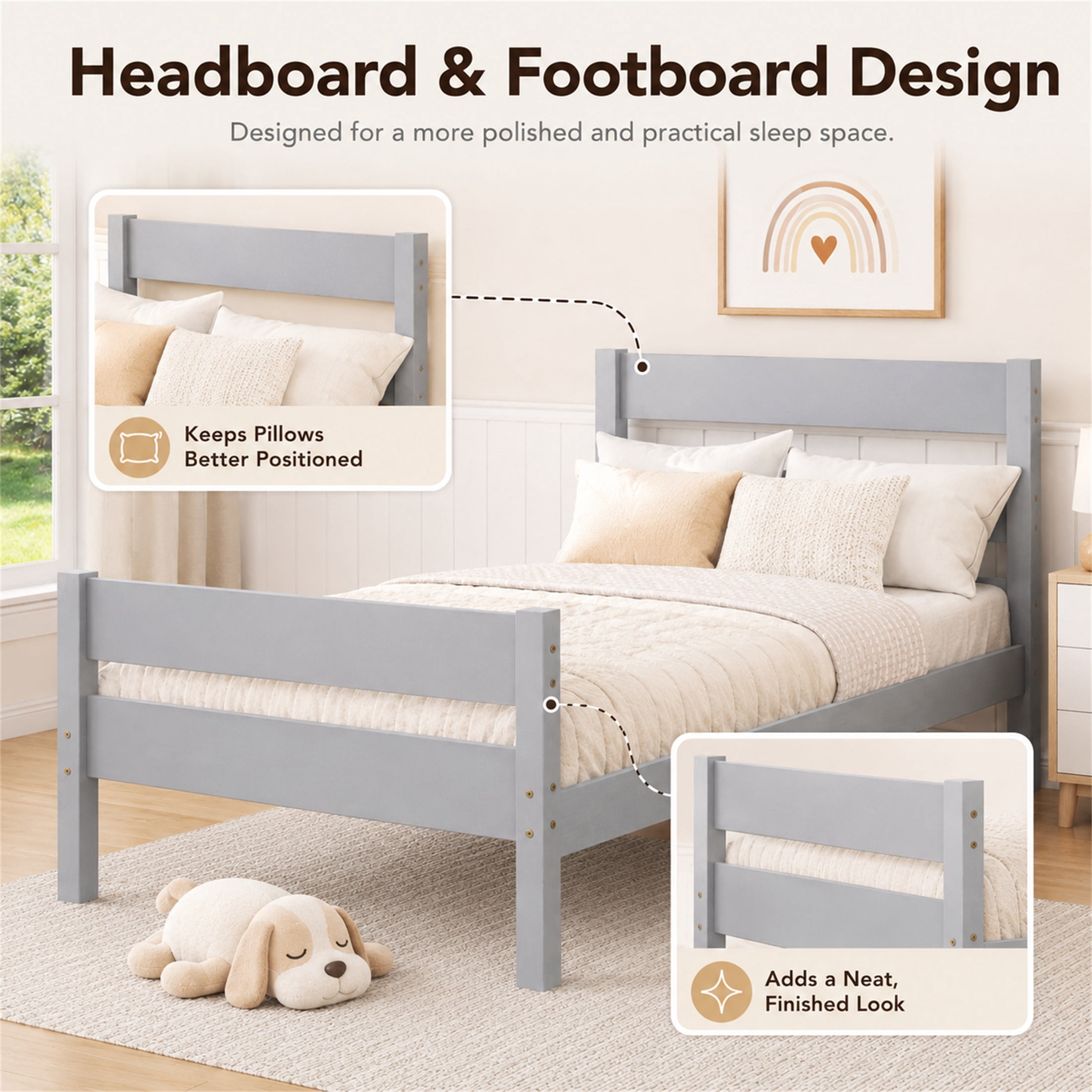 SESSLIFE Twin Bed Frame, Solid Wood Twin Platform Bed Frame with Headboard & Footboard, No Box Spring Needed with 250LBS, Easy Assembly, Grey