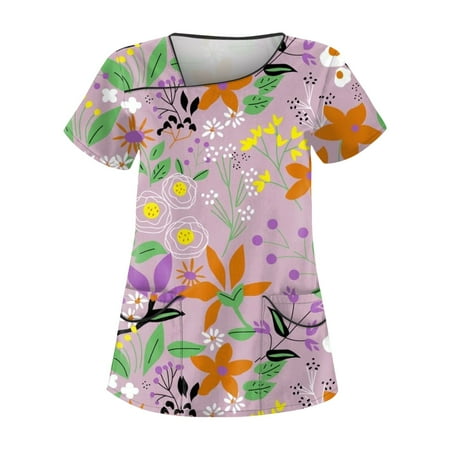 

BIZIZA Scrubs Women Fashion 2023 Short Sleeve Plus Size Uniform V Neck Floral Graphic with Two Pocket Work Tops for Women office Casual Light Purple L