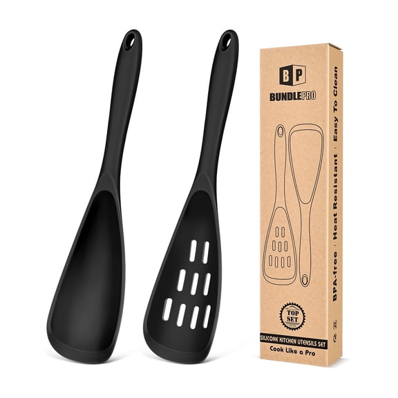 Bundelpro Pack of 2 Cooking Spoons for Non Stick Cookware, Multifunction Spatula Spoon BPA-Free, One-Piece Design, Suitable for Scooping, Scraping, Serving and Mixing (BLACK)