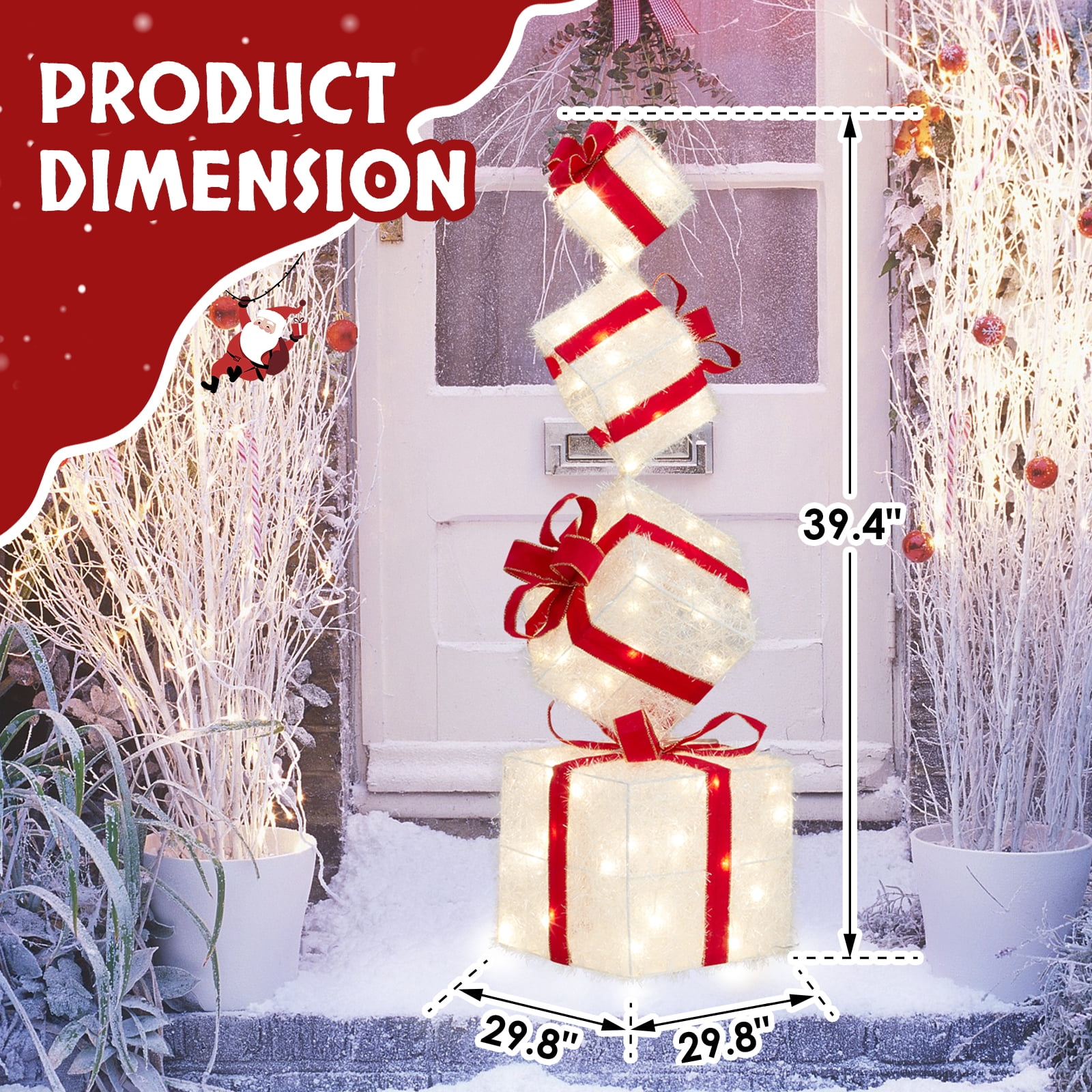 Astoutdoor Lighted Gift Box Tower, 3 ft Pre-lit Stacked Present Boxes with 80 LED Warm White Lights and Ground Stakes for Christmas Indoor Outdoor Decor