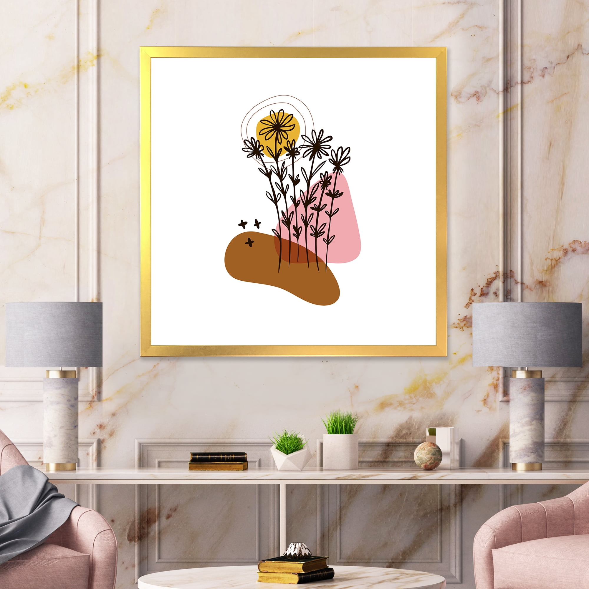 Designart 'Abstract Flowers Plants With Elementary Shapes I' Modern Framed Art Print