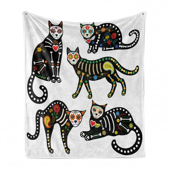 Sugar Skull Soft Flannel Fleece Blanket, Calavera Inspired Ornate Black Cats Mexican Style Holiday the Day of the Dead, Cozy Plush for Indoor and Outdoor Use, 60" x 80", Multicolor, by Ambesonne