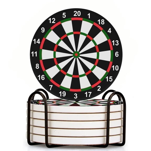 Close Up Of Dart Board With Bulls Eye Set of 6 Ceramic Coasters with Holder, Absorbent Drink Bar Coasters, Table Coasters for Living Room Decor Tabletop Protection