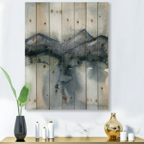 Designart 'Minimalistic Landscape of Mountains Snow and Trees' Modern Print on Natural Pine Wood