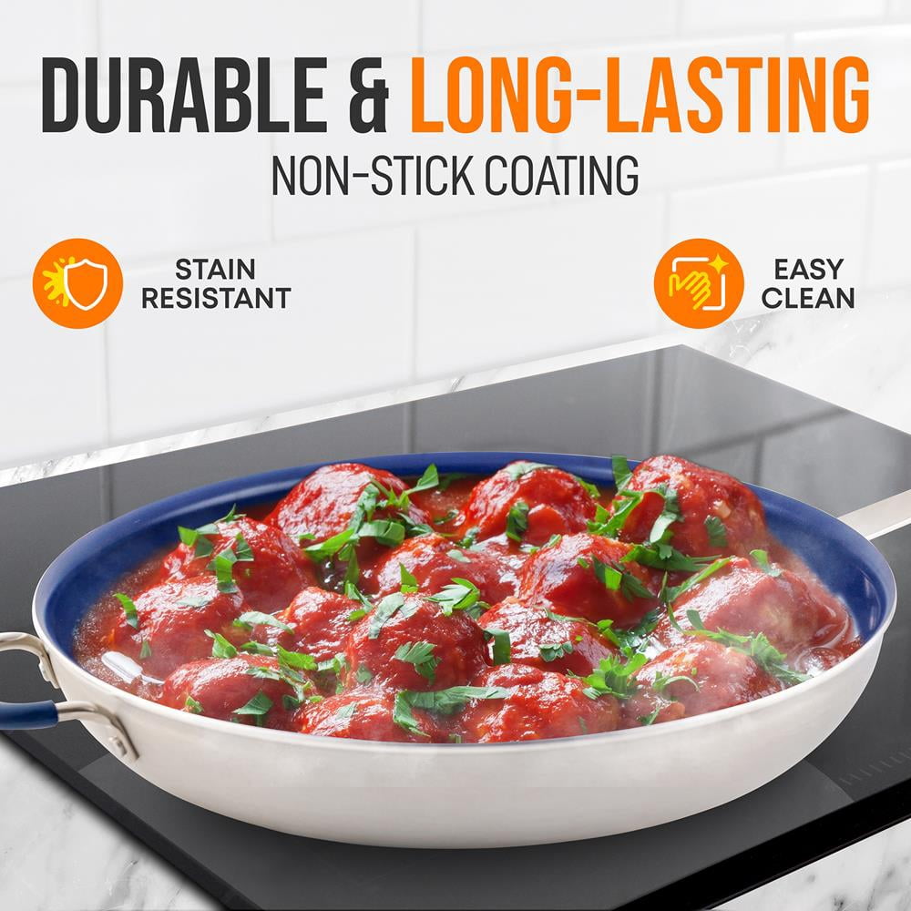 NutriChef 14.0 in Nonstick Skillet with Blue Silicone Handle and Ceramic Coating