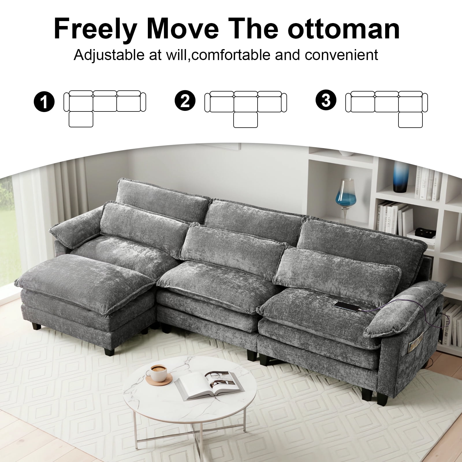 113'' Modular Sectional Sofa,L Shaped Couch with Movable Ottoman, Convertible Sectional Couches with Deep Seat, 3 Seat for Living Room Comfy Cloud Sofa with USB Side Pockets & Charging, (Grey)