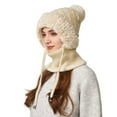 thumbnail image 6 of Uandlove Women's 3-in-1 Winter Hat, Fleece Lined Cable Knit Beanie Scarf Mask Set with Pom Pom, Adjustable Windproof Ear Flap, Cream Color, One Size Fits Most, 6 of 8
