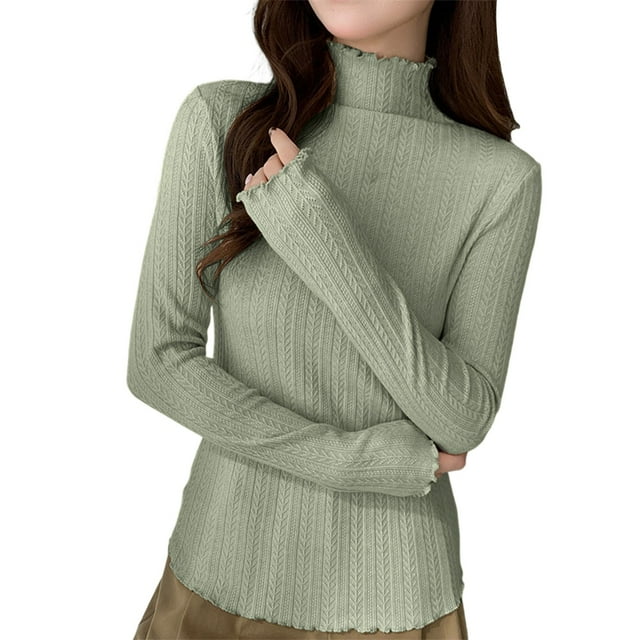 Ltctricy Women's Turtleneck Tops Long Sleeve Ruffle Trim Textured Slim Basic T Shirts Tight Thermal Shirts Base Layer Undershirts(Green,Large)