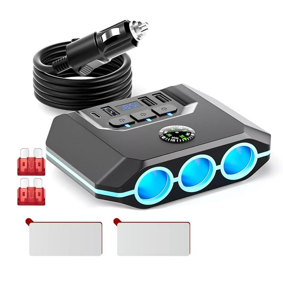 Car Cigarette Lighter Splitter with 4 USB Ports 120W Power, Individual ON/OFF Switches for Dash Cams and Laptops