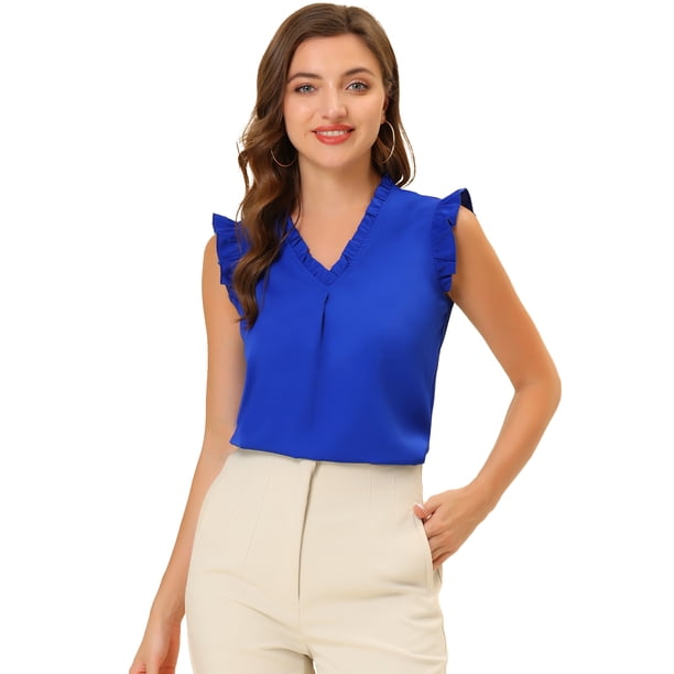 Blusa vintage Allegra K sin mangas con volantes para mujer Tops de trabajo ribete de volantes Azul real S
