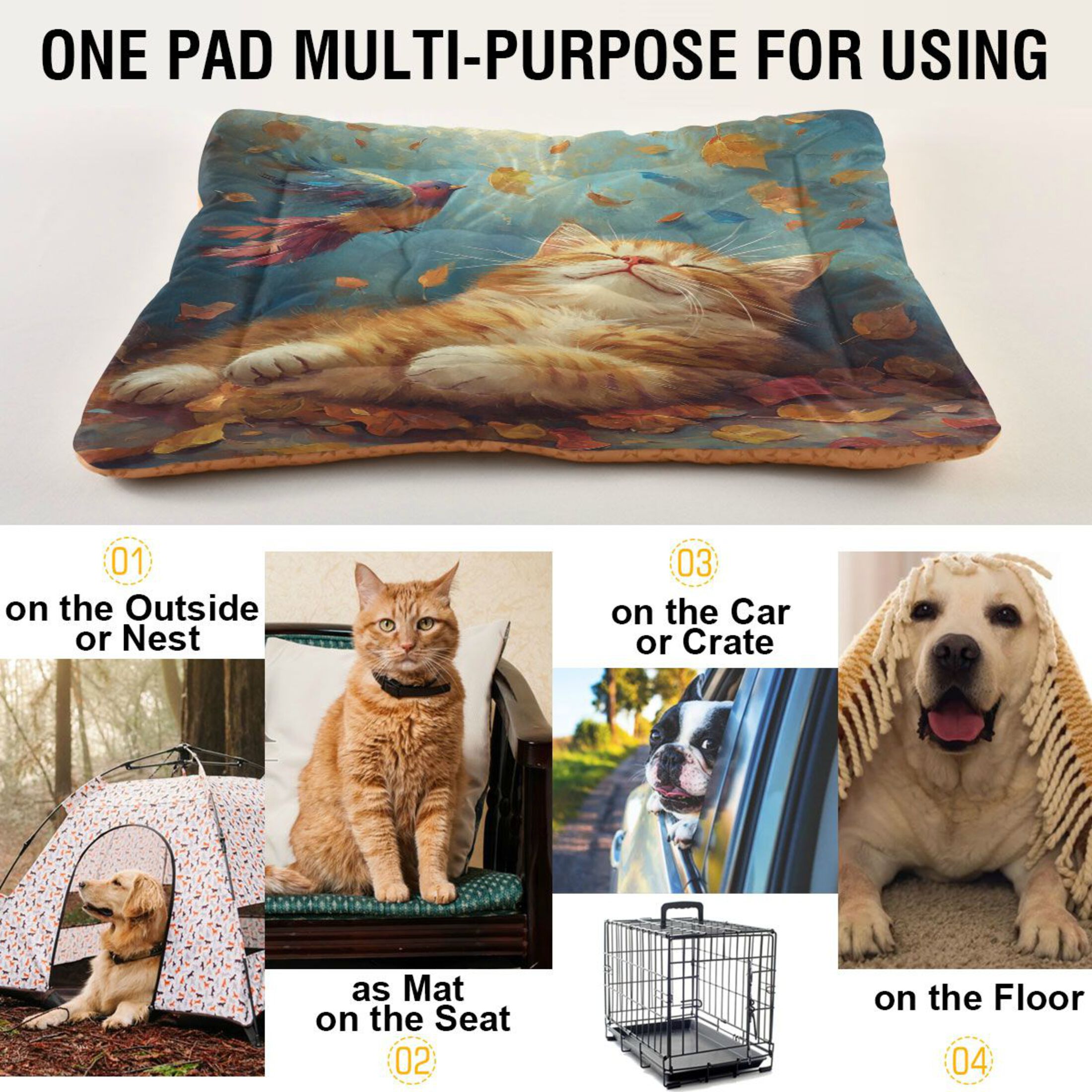 Qxltty Orange Cat Leaf Fall Ped Pad Wear-resistant and Hard to Bite Through Sleeping Pad for Small Medium Large Dogs Winter Pet Bed 36×24in