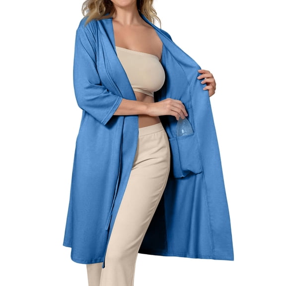 Stralyhd Chemo Port Robe for Women Surgery Recovery Gown with Drain Pockets Open Front Adaptive Gowns 3/4 Sleeve Chemo Post Clothes Blue L