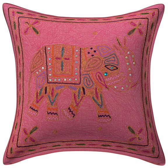 Stylo Culture Indian Settee Sofa Throw Pillow Cover 16 x 16 Gold Thread Embroidered Pink Ethnic 40 x 40 cm Home Decor Cotton Elephant Square Cushion Cover | 1 Pc