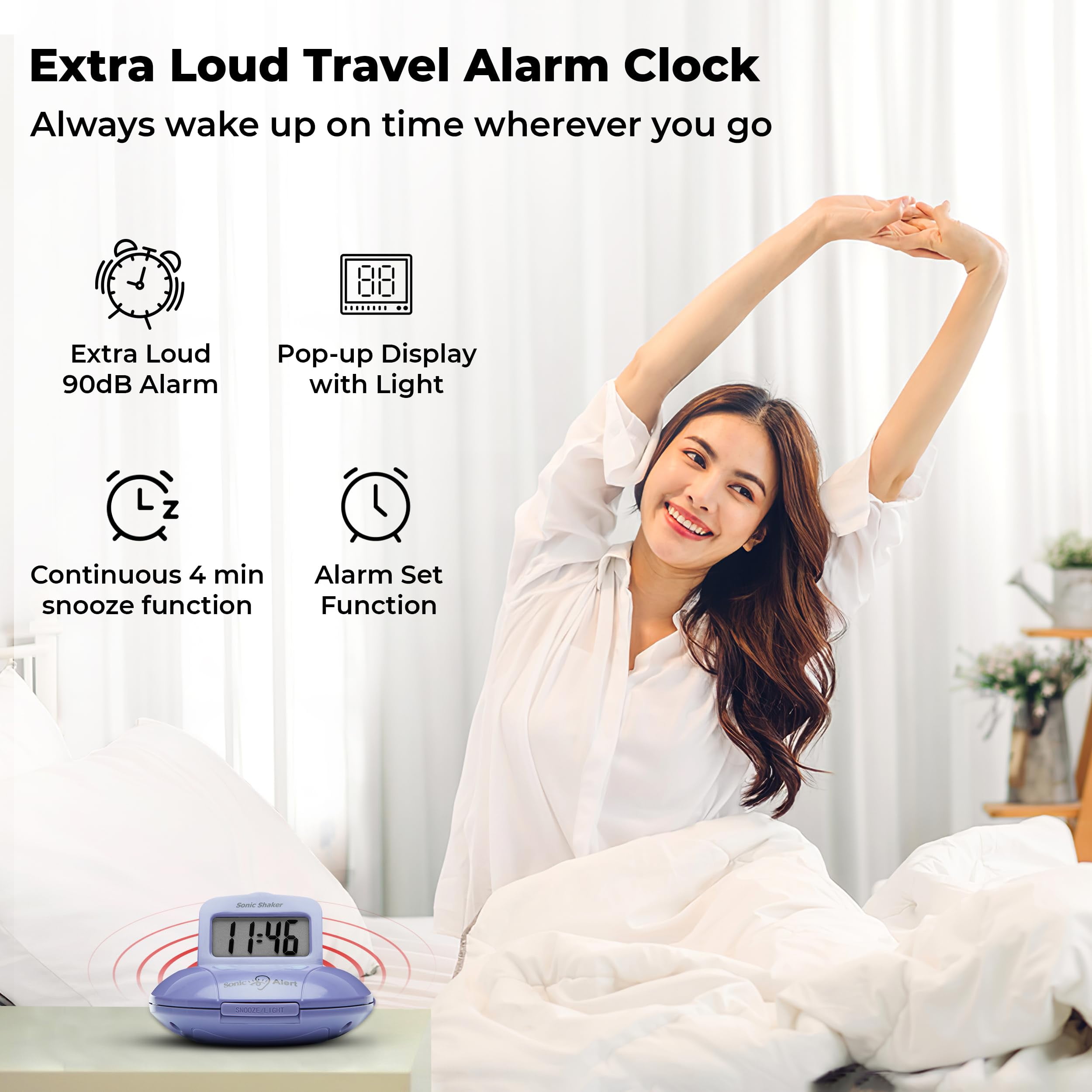Sonic Alert - Sonic Shaker Super Loud Digital Alarm Clock for Heavy Sleepers, Portable Compact Design, Purple