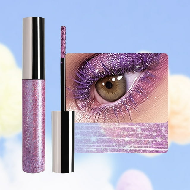 Máscara de pestañas con glitter, sombra de ojos, extensión, rizador, volumen, máscara brillante en tonos morados, rosas, verdes, azules, amarillos, dorados y plateados. 6 g por máscara.