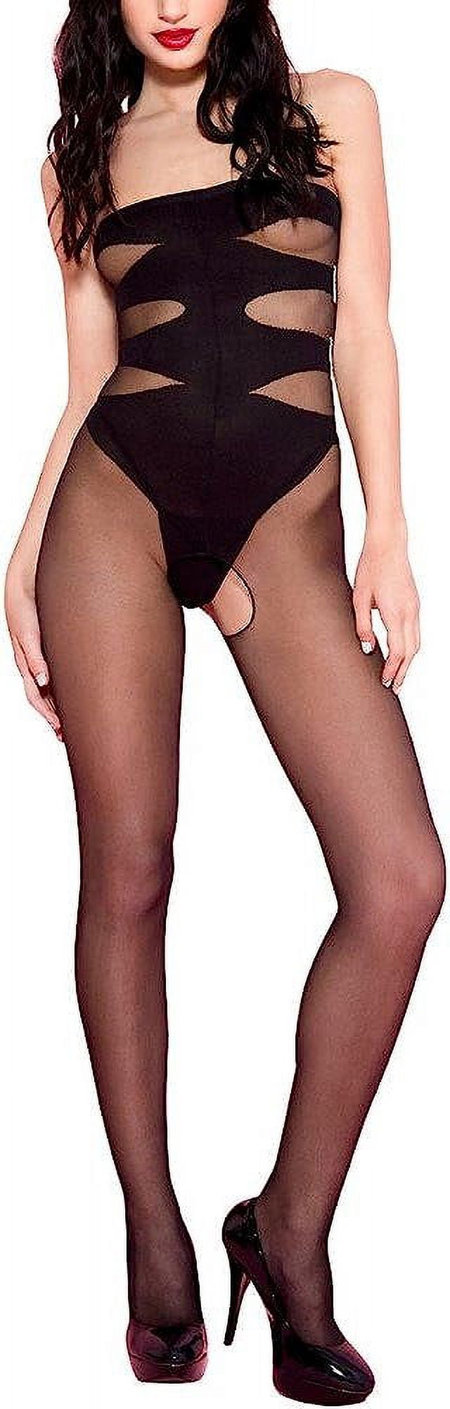 Music Legs 1637-BLACK Sheer Teddy Look Crotchless Bodystocking, Black