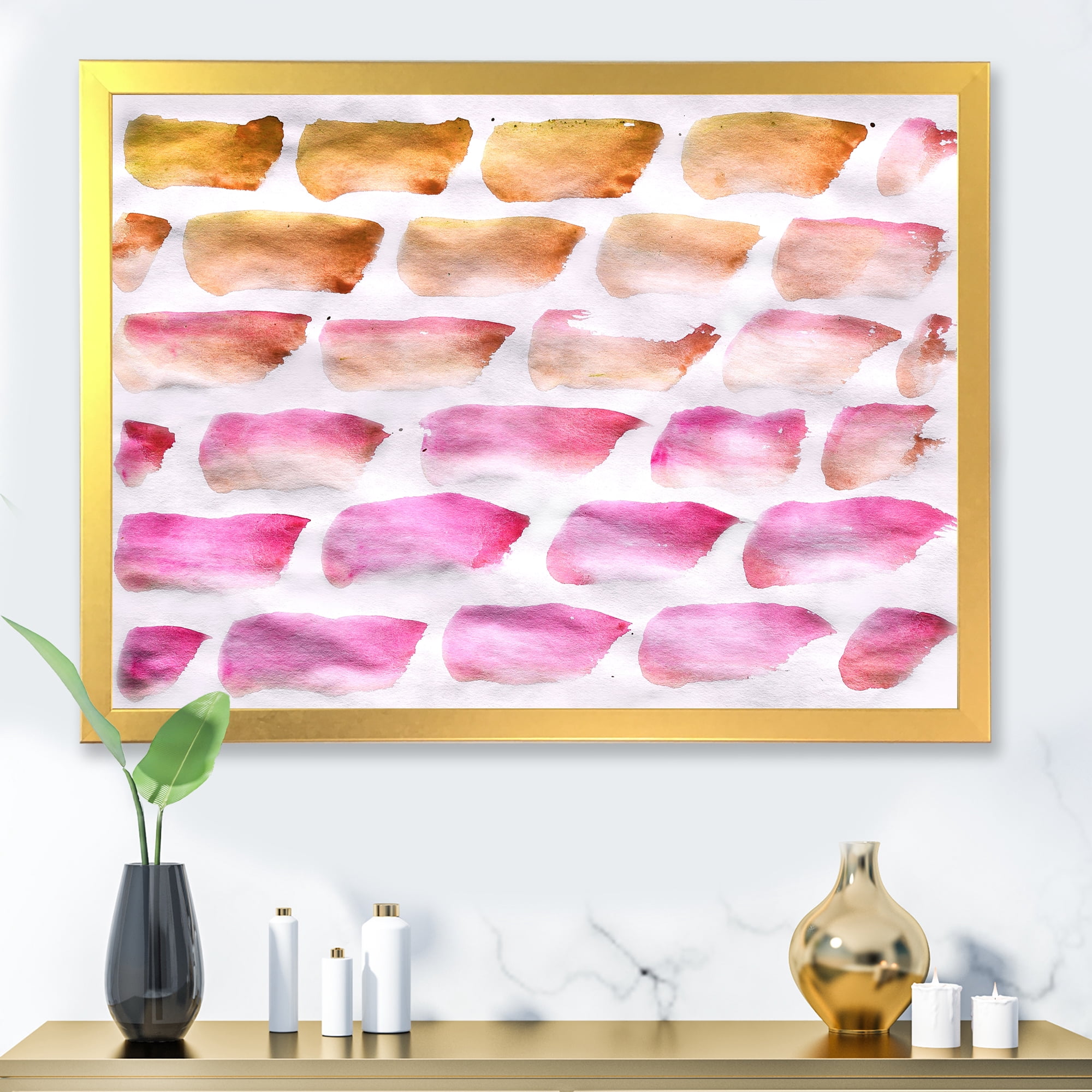 Designart 'Dark Yellow and Pink Abstracts Brushes' Modern Framed Art Print