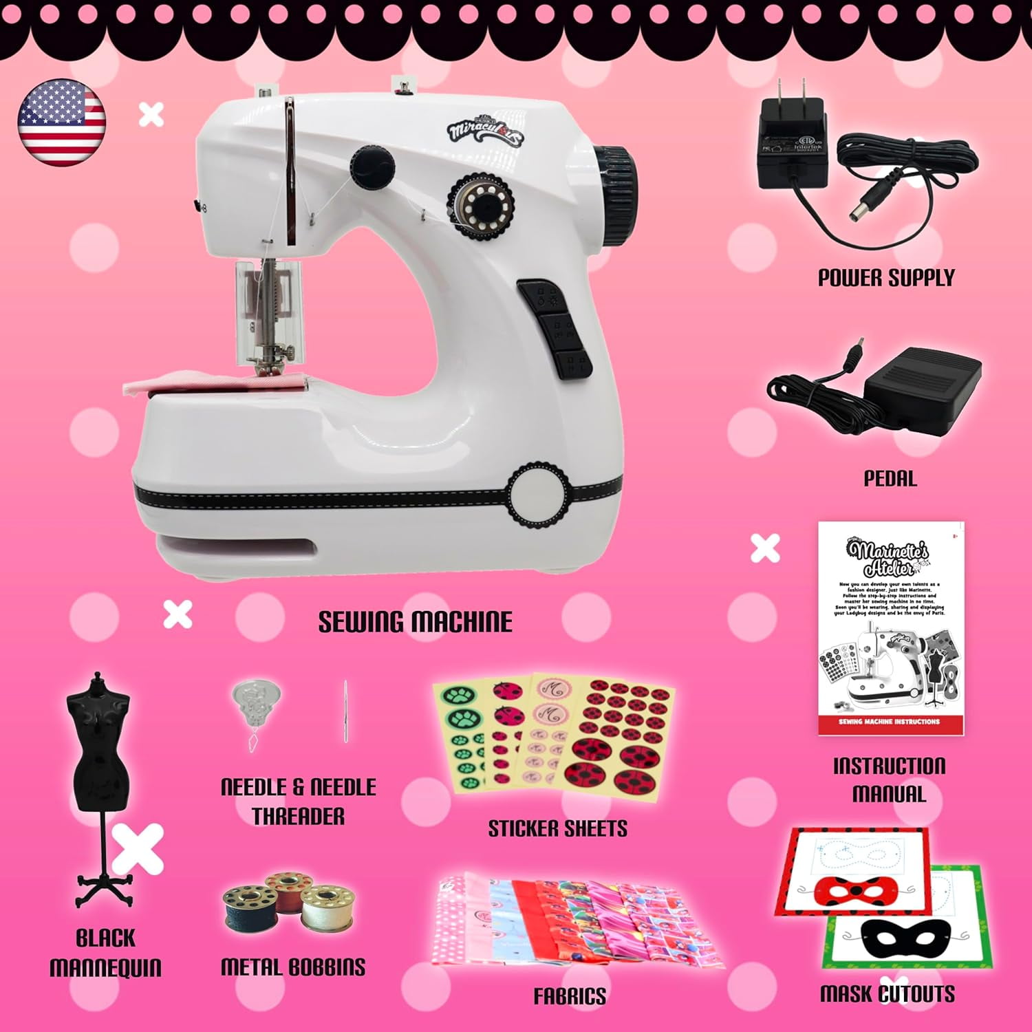 Miraculous Ladybug Marinette's Mini Portable Sewing Machine For Kids, Dual  Speed With Fabric, Black Mannequin, Superhero Mask Cutouts, And Foot Pedal  : Target