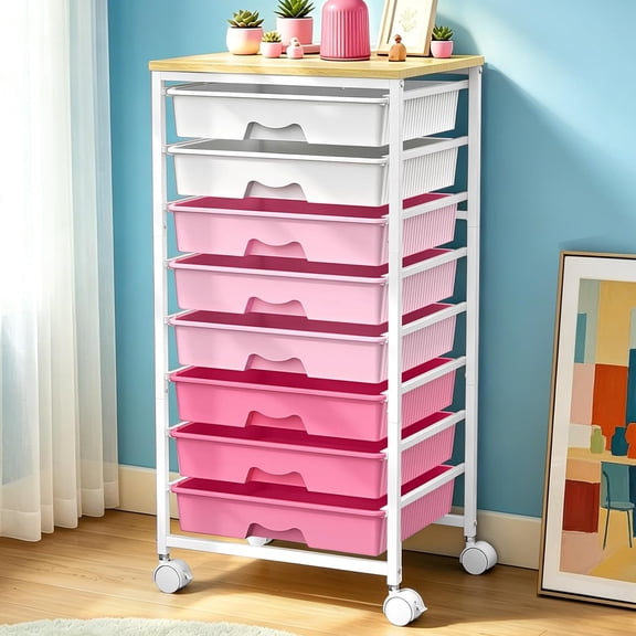 Rolling Storage Utility Cart With 8 Drawers, Storage Drawer Cart with Wooden Tabletop and 2 Lockable Wheels, 8 Tier Rolling Cart for Craft Art Supply Storage & Home Office Organization, Pink