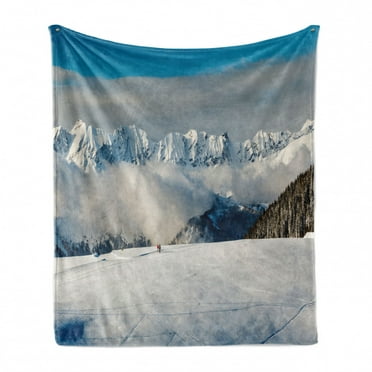 Winter Soft Flannel Fleece Throw Blanket, Panoramic View on Mountains and 2 People Walking French Alps Hiking Travel, Cozy Plush for Indoor and Outdoor Use, 60" x 80", Blue White Brown, by Ambesonne