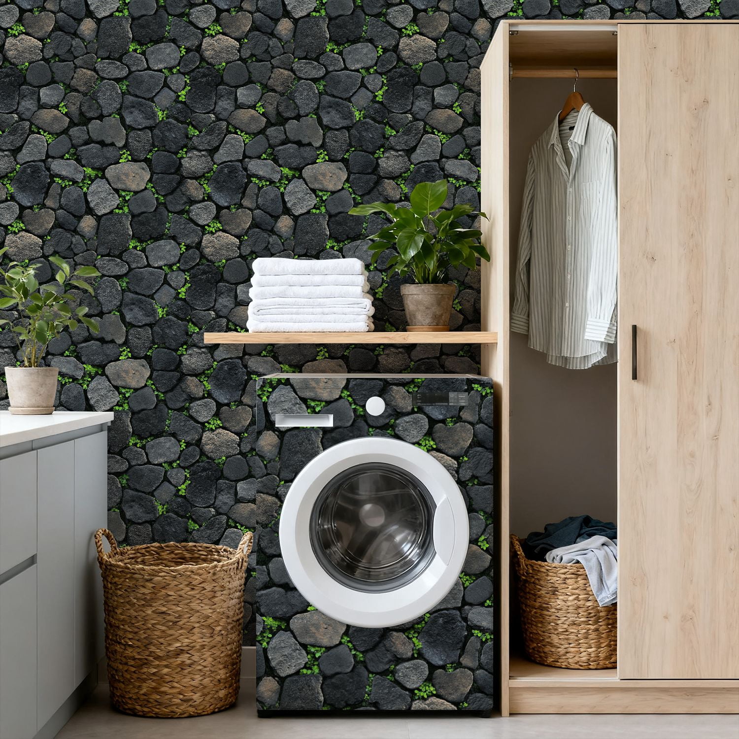 Peel and Stick Wallpaper Moss Clovers Growing Between Stones Vintage Wall Mural 17.7in x 9.8ft Self Adhesive Removable Wall Paper Renter Friendly Wallpaper for Bedroom Livingroom Office Studio