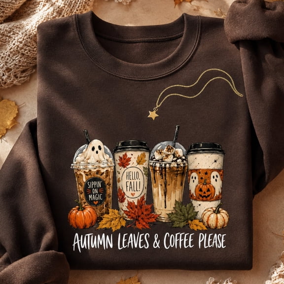 Autumn Leaves and Coffee Please Fall Coffee Graphic Crewneck Sweatshirt, Unisex Fit