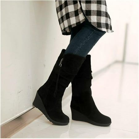 

High Boots Women s Vintage Wedge Heel Riding Boots Classic Cowboy Slip-On Boots Winter Non-Slip Warm Suede Shoes Worker Booties Snow Boots