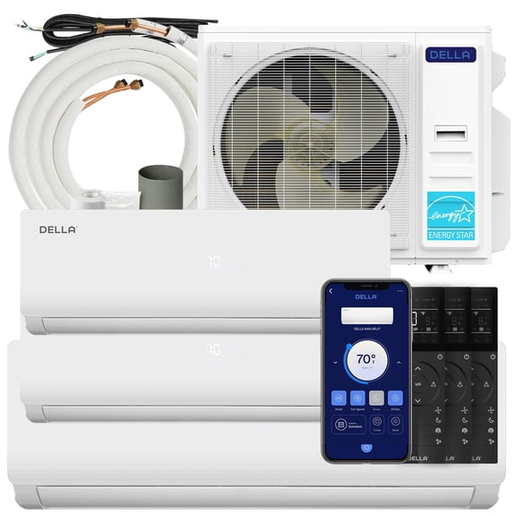 Della 35K BTU ODU Tri 3 Zone 9K 9K 18K BTU 19 SEER2 208-230V Cools Up to 1800 Sq.Ft, Works with Alexa, Wifi Energy Efficient Multi Zone Mini Split Air Conditioner Pre-Charged Heat Pump Full Set