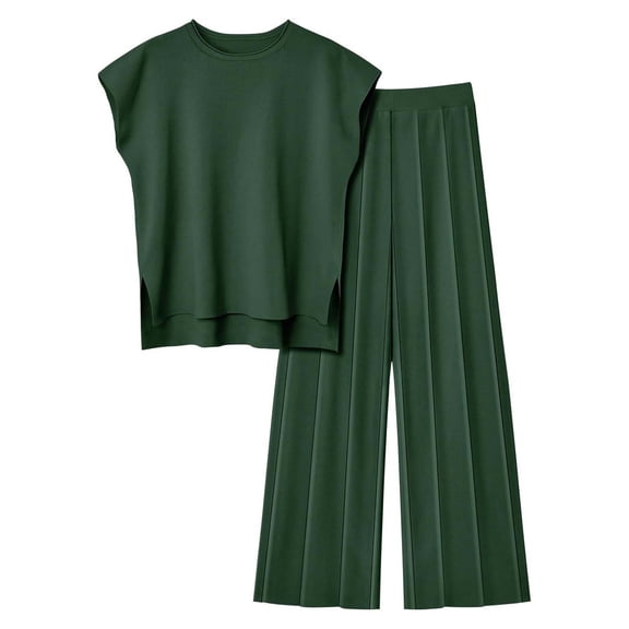 BLOCLOALO 2 Piece Lounge Set Sleeveless Tops Women Casual Vest Top and Pants Sets Solid Color Knitted Sweater Knitted Sweater Plus Size Tank Tops Knit Tops Casual Lounge Sets Army Green L