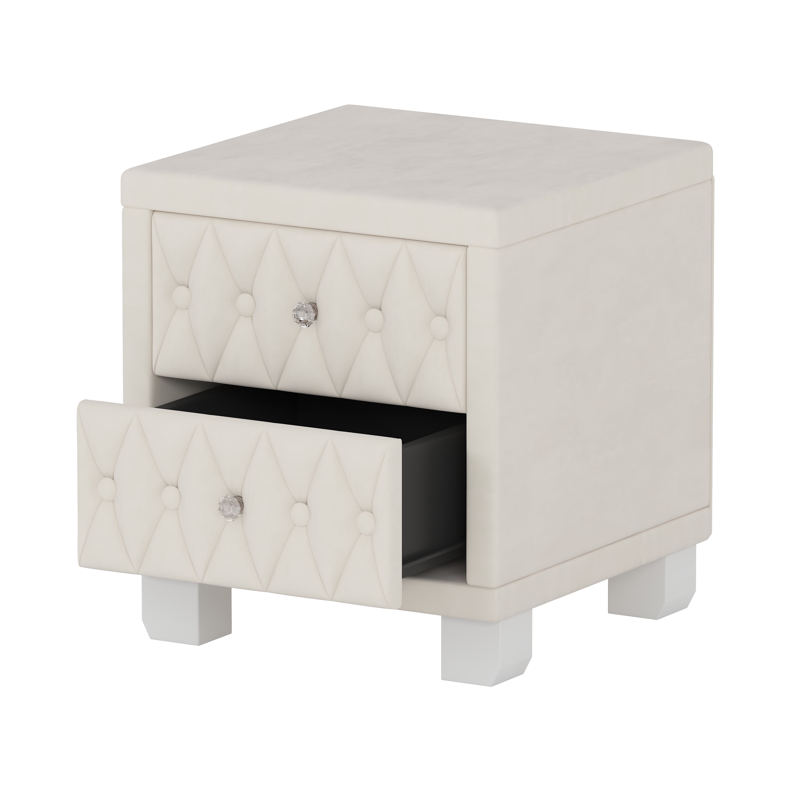 Euroco Velvet Nightstand with 2 Storage Drawers and Crystal Handle,Bedside Table End Table with Button-Tufted for Bedroom Living Room,Beige