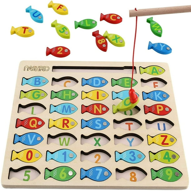 AMERTEER Magnetic Wooden Fishing Game Toy for Toddlers Alphabet Fish  Catching Counting Games Puzzle with Numbers and Letters Preschool Learning  ABC and Math Educational Toys for 3 4 5 Y 