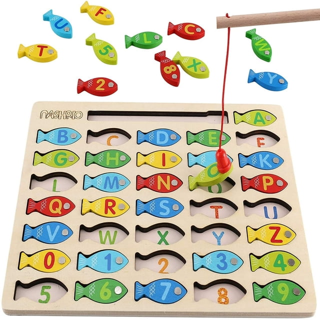 AMERTEER Magnetic Wooden Fishing Game Toy for Toddlers Alphabet Fish Catching Counting Games Puzzle with Numbers and Letters Preschool Learning ABC and Math Educational Toys for 3 4 5 Y