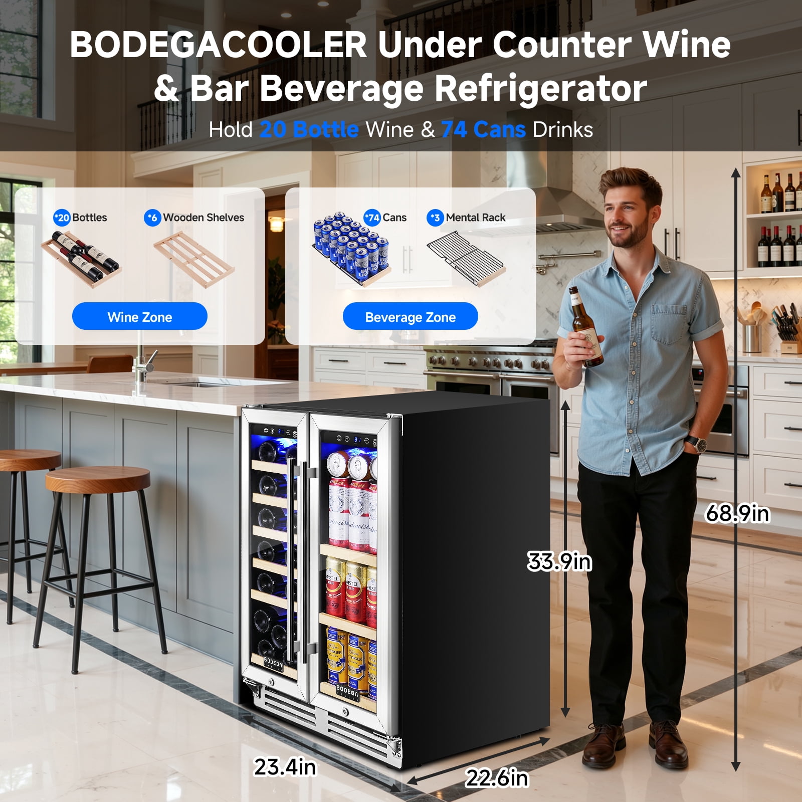 BODEGA Wine and Beverage Refrigerator, 24 Inch Dual Zone Wine Cooler, Freestanding or Under Counter Wine Fridge Hold 20 Bottles and 62 Cans