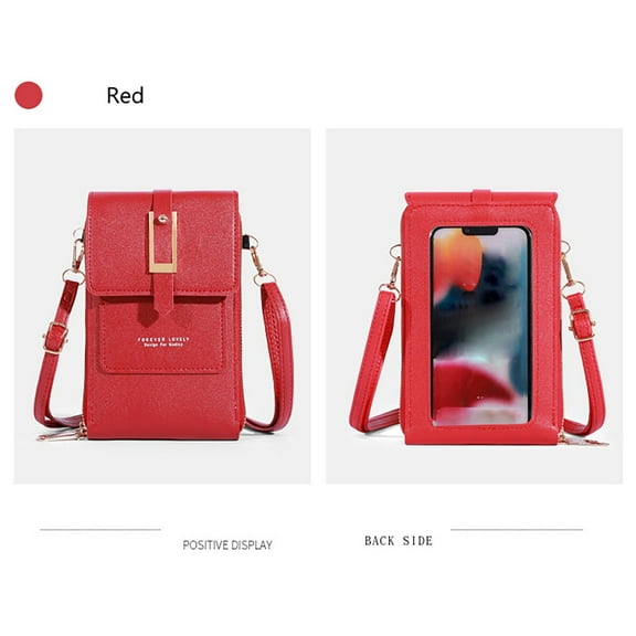 Kafsov Women's Touchscreen Phone Bag, Mini Leather Crossbody Purse with Credit Card Slots and Clear Window red