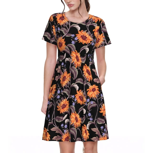Vsdgher Tournesols pour Femmes Été 2025 Robes Midi Décontractées Légères Manches Courtes Col Rond Robe de Plage
