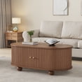 thumbnail image 3 of Oval Dark Wood Coffee Table with 2 Sliding Doors & Hidden Storage, Rounded Corners Center Table, Open Storage Sofa Side Table for Living Room, 3 of 9