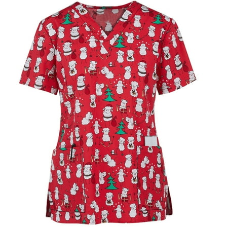 

Christmas Clearance Items LIDYCE Women Short Sleeve V-neck Tops Working Uniform Christmas Thanksgiving Blouse Red S