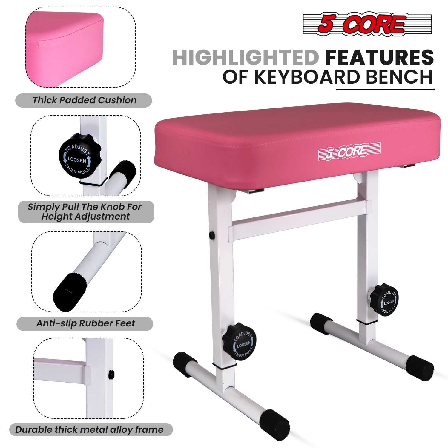 5 Core Keyboard Bench 3 Inch Padded Cushioned Piano Stool Height Adjustable Guitar Seat Heavy Duty Folding Portable Musician Chair W Nonslip Rubber Feet Pink - KBB H-ADJ PNK