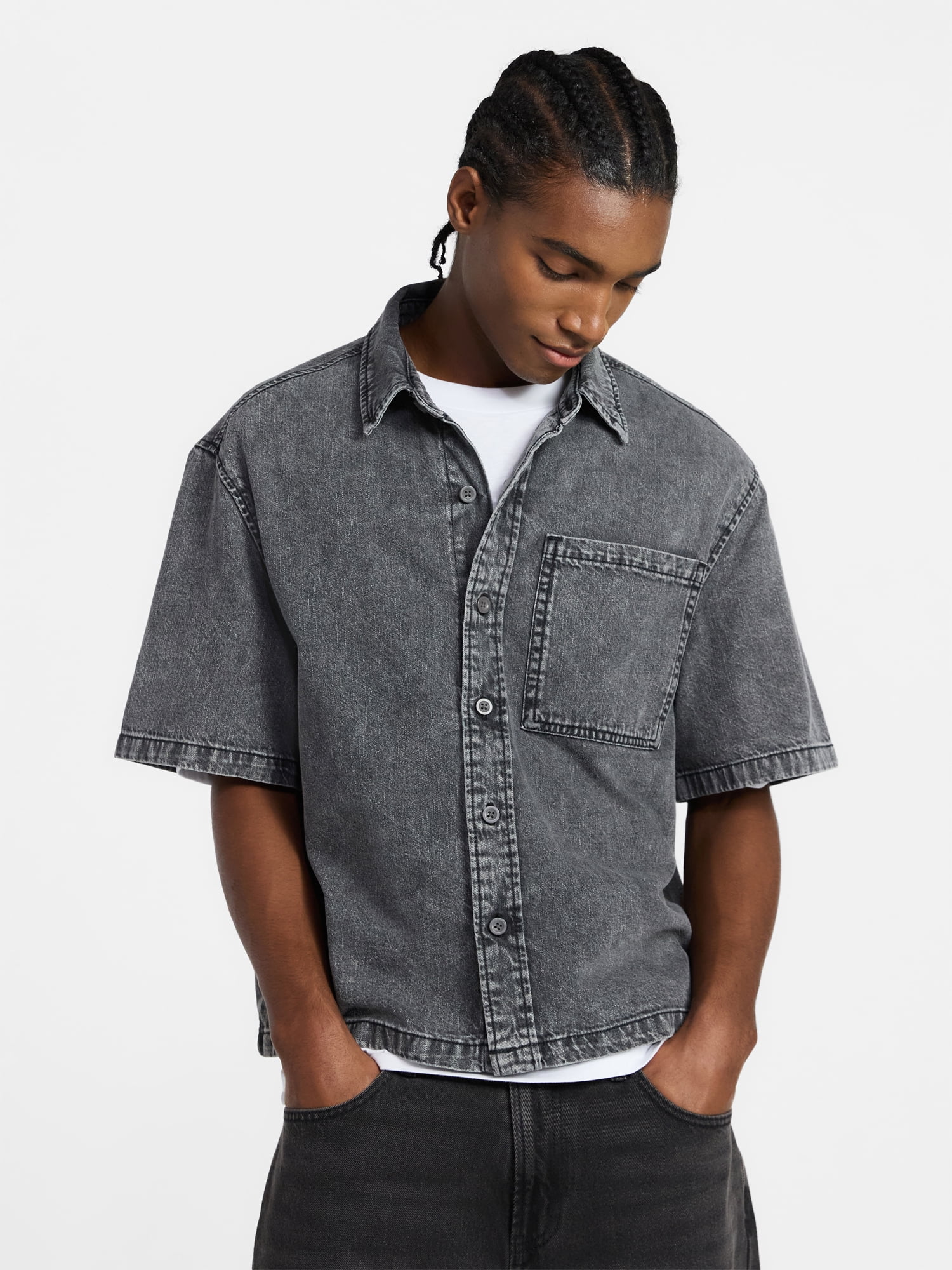 No Boundaries Denim Boxy Fit Shirt with Short Sleeves, Men's XS-4XLT