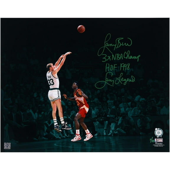 Larry Bird Boston Celtics Autographed 16" x 20" Shot Over Wilkins Green Spotlight Photograph with Multiple Inscriptions - Limited Edition of 33 - Fanatics Authentic Certified